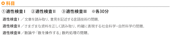 科目：1.適性検査1　2.適性検査2　3.適性検査3 ※各30分