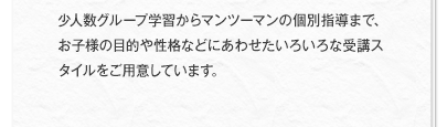 少人数グループ学習からマンツーマンの個別指導まで、お子様の目的や性格などにあわせたいろいろな受講スタイルをご用意しています。